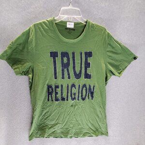 True Religion Men T-Shirt XL Green Spellout Logo Short‎ Sleeve Crew Neck Tee